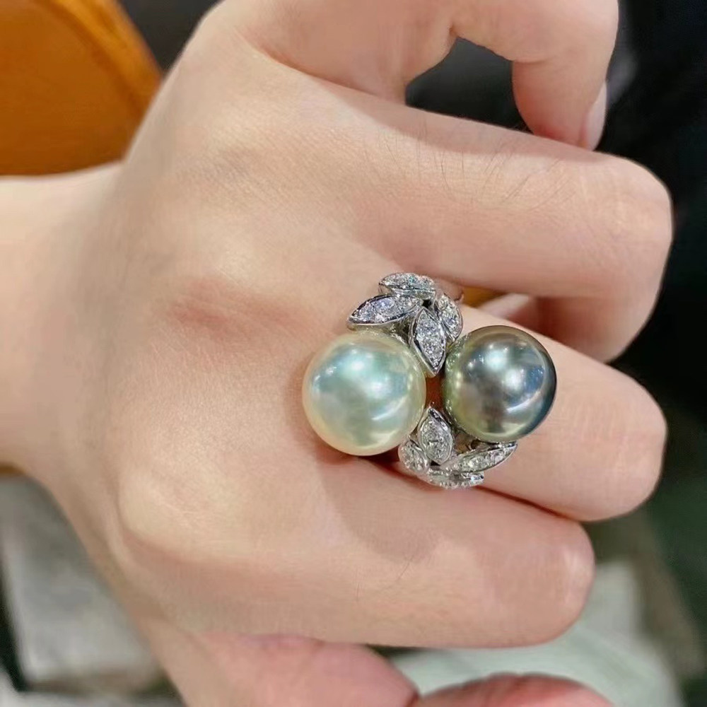 DIY珍珠小配件 S925纯银饰品 双珠金色银色戒指空托 配8-10mm圆珠图片