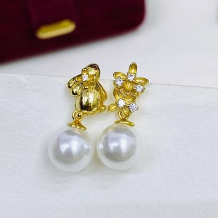 DIY珍珠耳钉配件 S925纯银饰品 金色银色耳钉女空托 配8-13mm圆珠