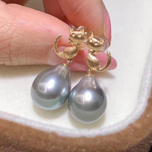 DIY珍珠耳钉配件 S925纯银 猫咪款珍珠耳环女空托 配8-10mm圆椭珠