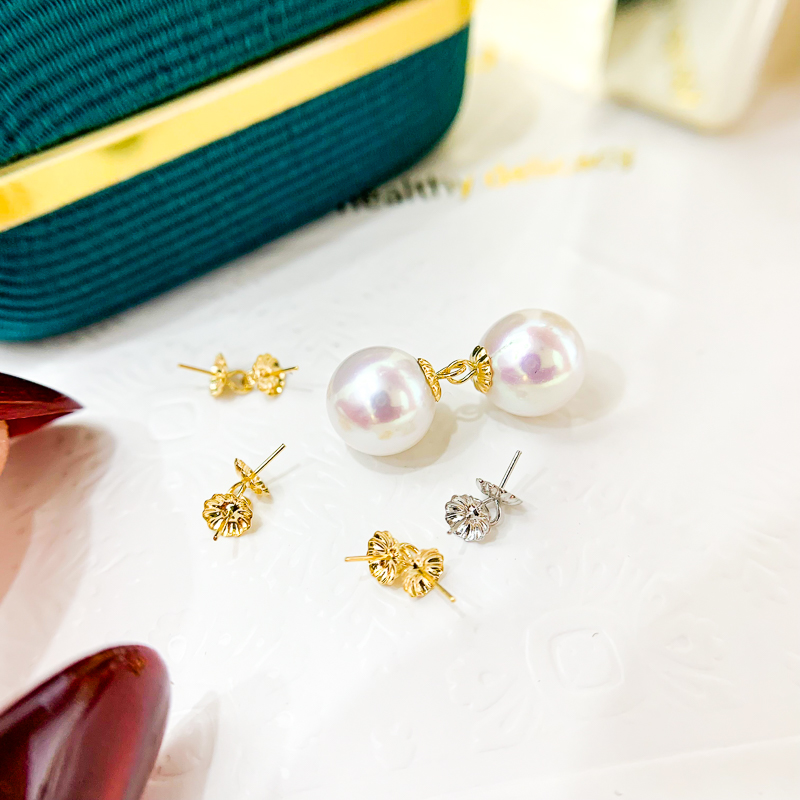 DIY珍珠配件 G18K黄金  AU750小吊坠托 3mm珠帽连接 小珠盘 莲花