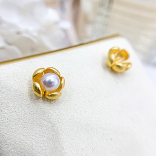 DIY珍珠耳钉配件 S925纯银饰品 时尚莲花耳环女空托 配5-7mm圆珠