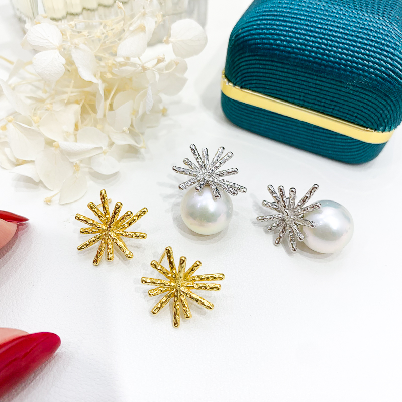 DIY珍珠耳钉配件 S925纯银饰品 金色银色耳环空托 配10-13mm圆珠