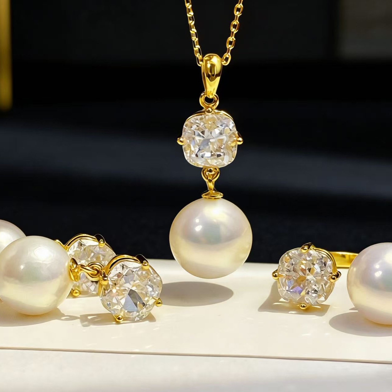 DIY珍珠配件 S925纯银套装空托 时尚款金色银色吊坠 耳钉戒指银饰