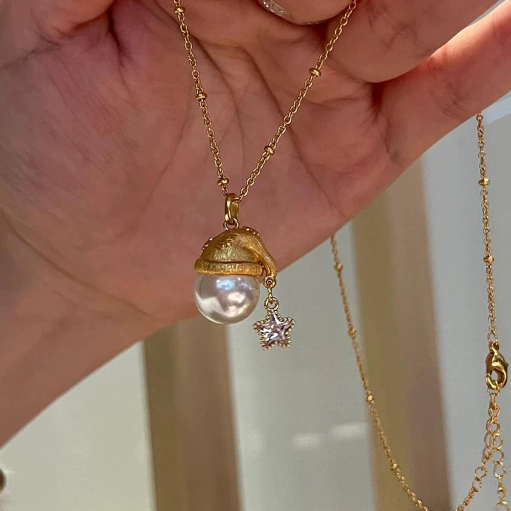 DIY珍珠小配件 S925纯银饰品 圣诞帽可爱吊坠空托 配11-13mm圆珠