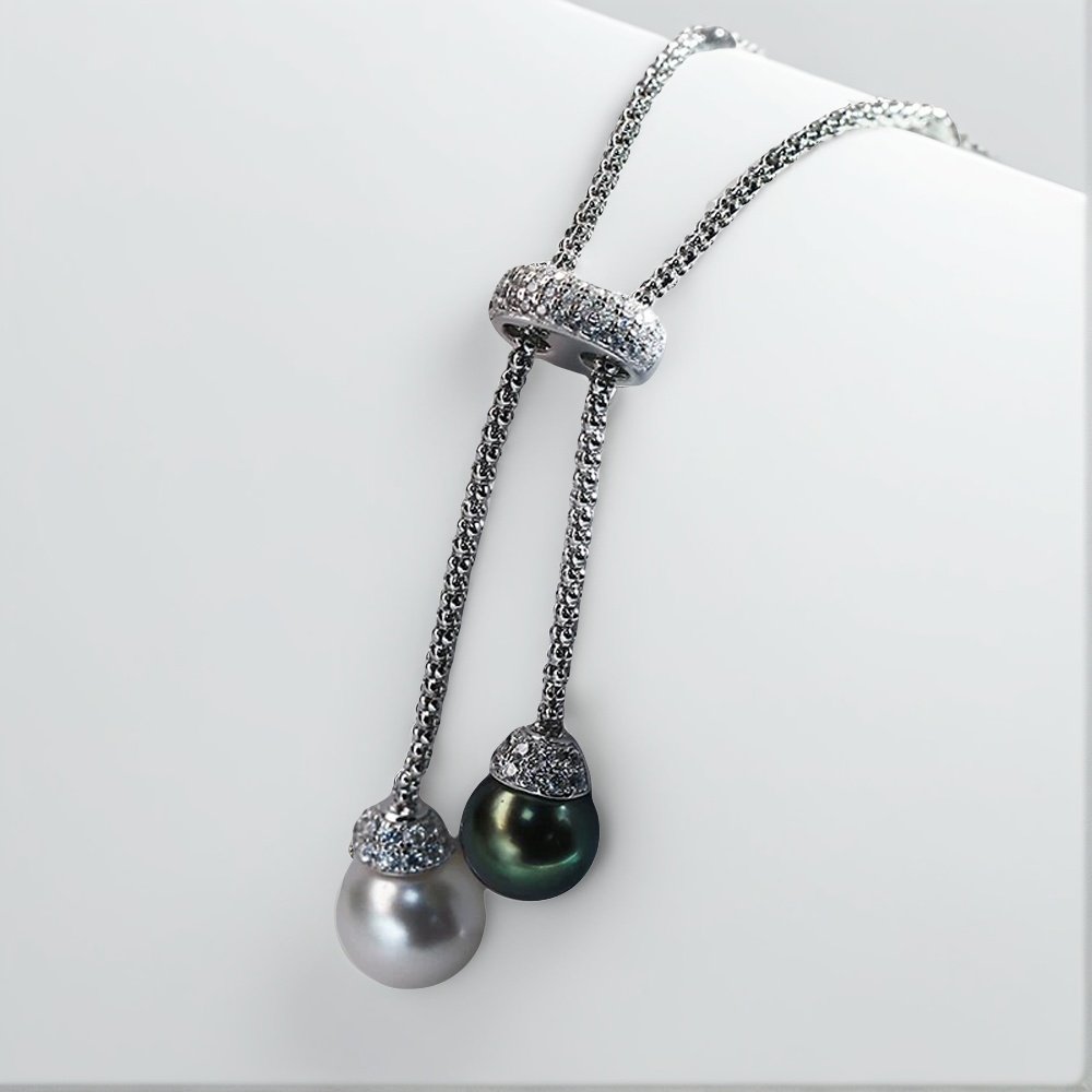 DIY珍珠配件 S925纯银套链空托 双珠款吊坠带银链女 配9-13mm圆珠