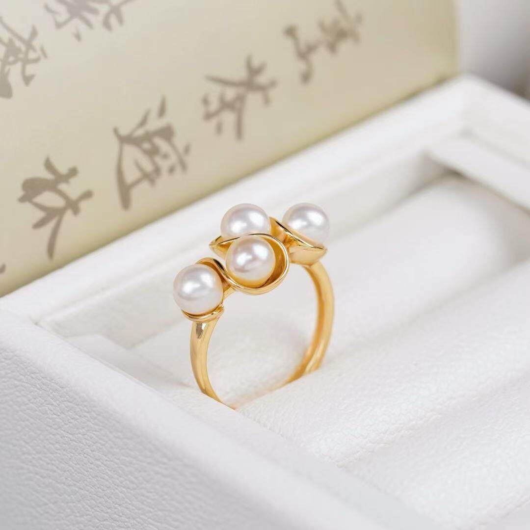 DIY珍珠小配件 S925纯银饰品 多珠金色银色戒指空托 配5-6mm圆珠