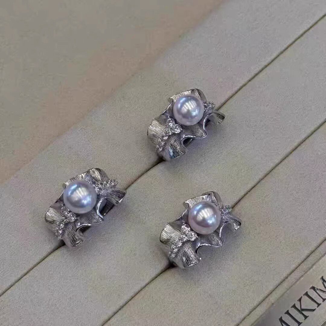 DIY珍珠配件 S925 纯银戒指空托 金色银色黑色银饰托 配8-10mm圆