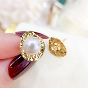 DIY珍珠耳钉配件 S925纯银饰品 时尚遮瑕耳环女空托 配6-8mm圆珠