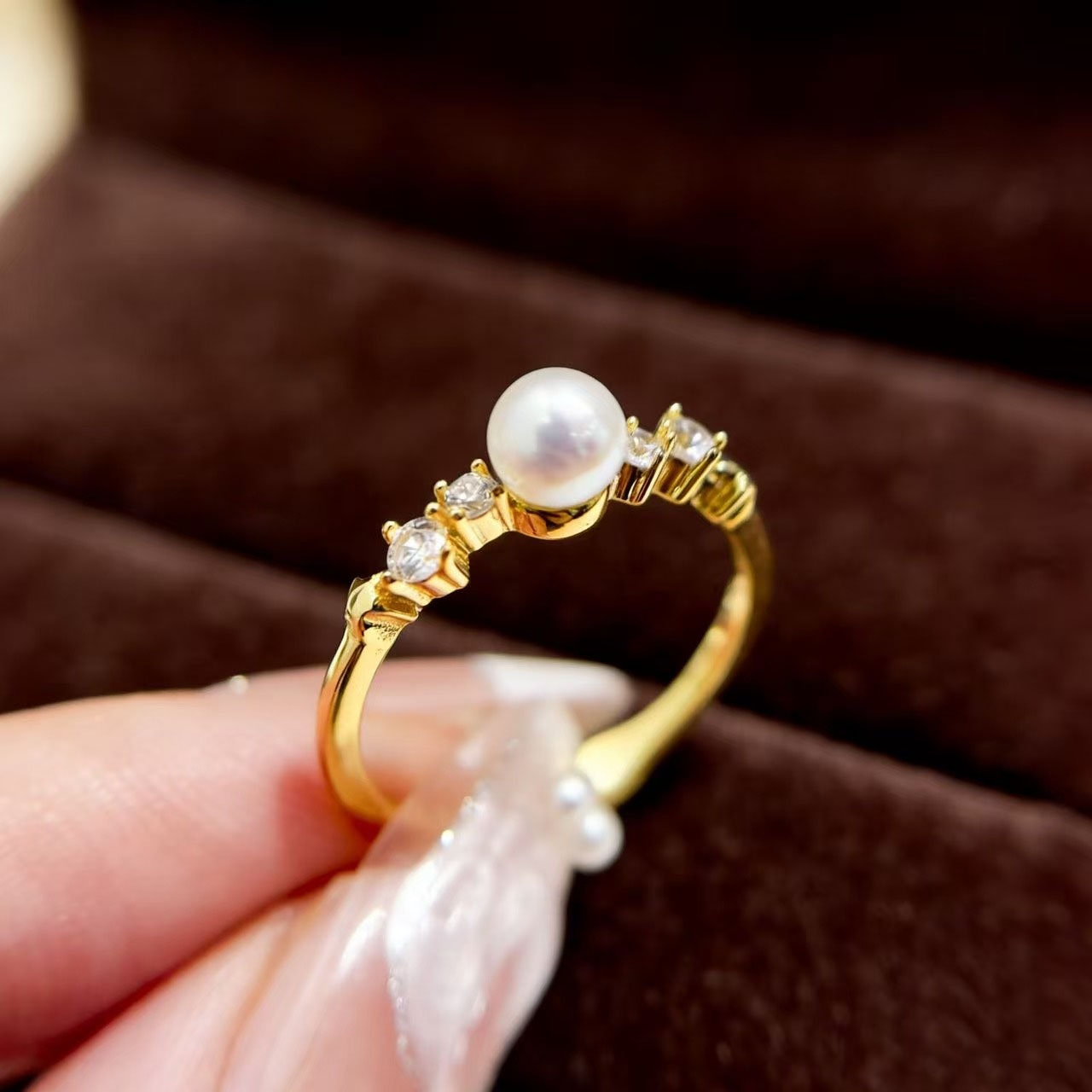 DIY珍珠小配件 S925纯银饰品 精致金色银色戒指空托 配4-6mm圆珠