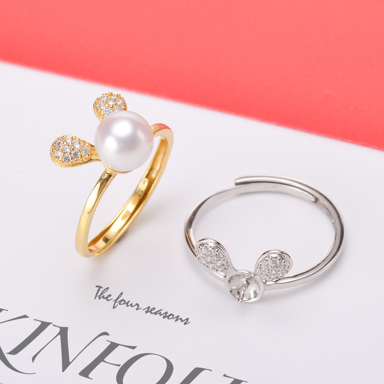 DIY珍珠配件 S925纯银饰品戒指空托 可爱米奇款戒托 6-8mm正圆珠