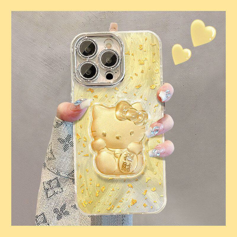 17promax苹果金箔女生猫羽纱iphone15挂链手机壳kt镜头膜16适用14