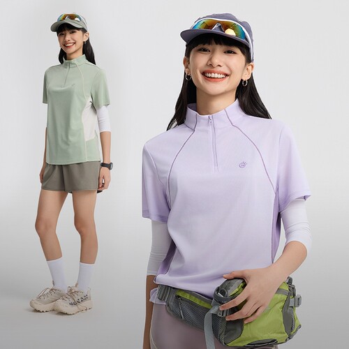 探拓户外夏季速干T恤女跑步显瘦健身弹力透气轻薄立领训练短袖女