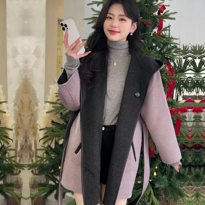 雙面雙穿連帽羊毛大衣短款韓系