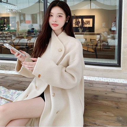 灰色羊毛双面呢大衣女25新款高级感韩系中长款小个子羊绒毛呢外套