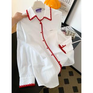 小众设计感红白撞色波浪边不规则衬衫女春季新款洋气减龄长袖上衣