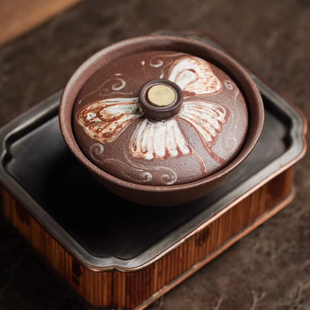 宜兴紫砂蝴蝶盖碗·泥绘150cc·口径9.5高4.5cm手工送礼礼盒