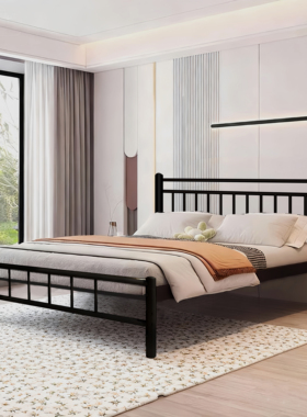 现代简约黑色铁架床民宿单人床轻奢高端铁艺床复古双人床加密床网