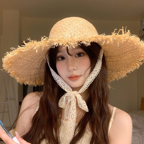 大帽檐拉菲草帽女2025新款夏天出游度假遮阳防晒毛边海边沙滩帽子