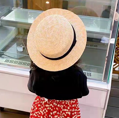 夏天宝宝麦秆平顶帽子儿童韩版遮阳草帽日系男童女童出游平沿防晒
