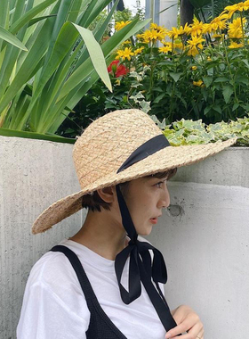 夏季欧洲小众圆顶大檐系绳拉菲草帽度假法式休闲帽子女
