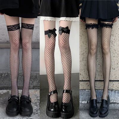 过膝渔网袜性感jk黑丝辣妹夏季薄款蝴蝶结花边大腿袜袜子女