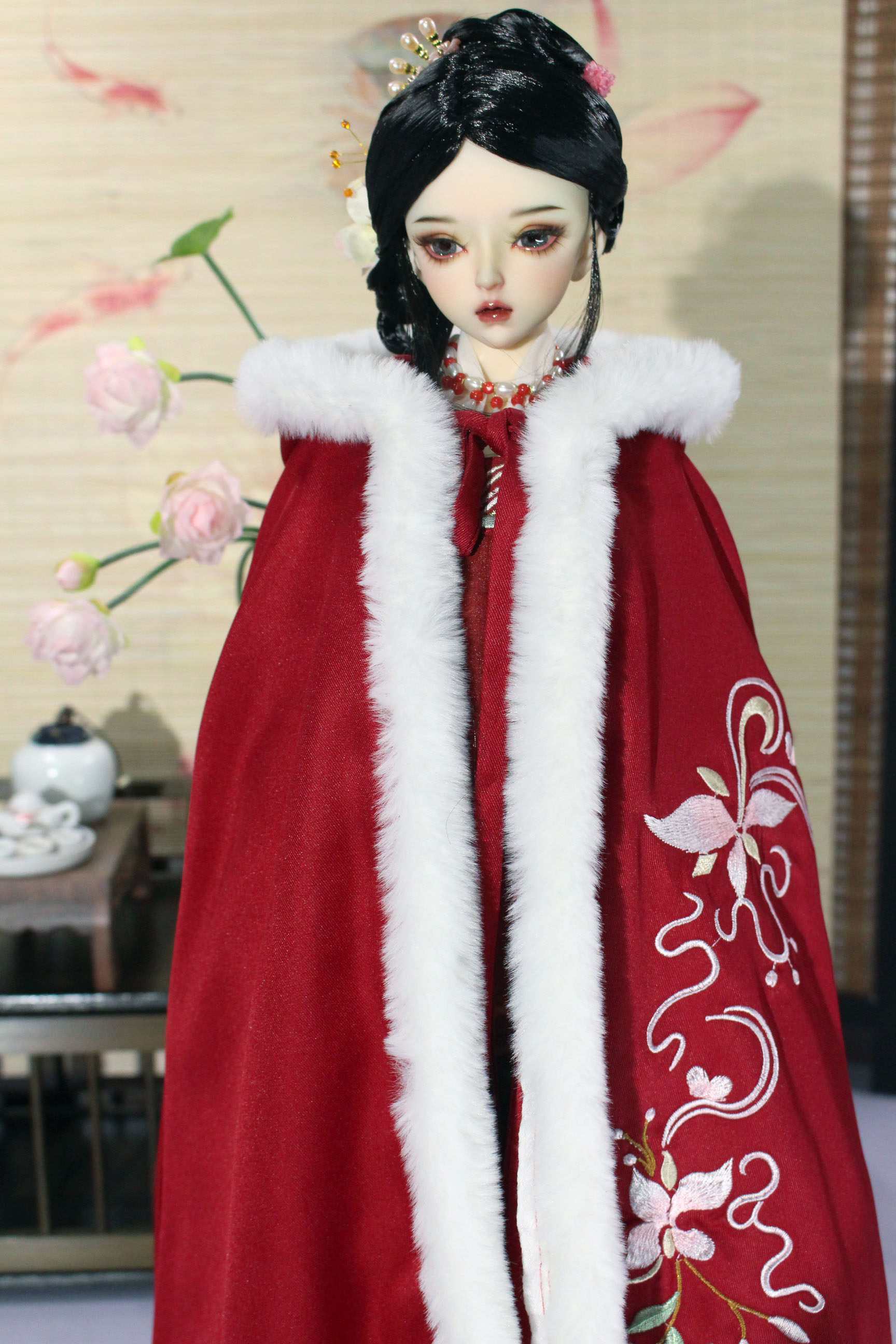 3分60厘米娃娃古装汉服娃衣 bjd三分古风娃衣女过年红色披风斗篷