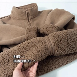 棕色摇粒绒外套羊羔绒卫衣女款秋冬季加绒加厚冲锋衣内胆毛绒上衣