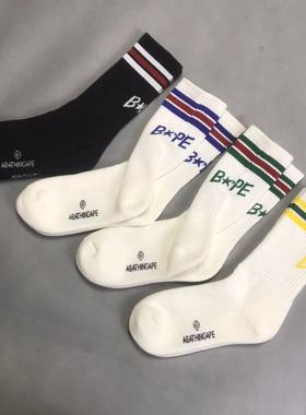 潮袜BA字母条纹袜子男女高筒纯棉加厚毛巾底运动袜猿人头篮球袜