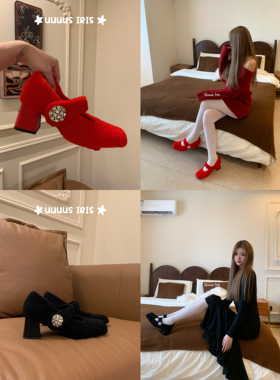 Uuuus【晚宴女主角】6cm粗跟方头施华洛水钻扣羊羔毛轻奢玛丽珍鞋