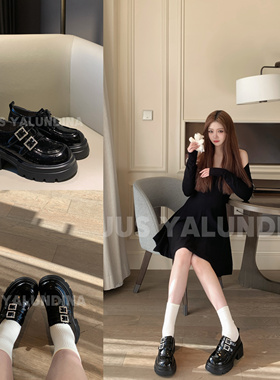 Uuuus【抵达繁星】复古真皮玛丽珍鞋女黑色粗跟增高水钻扣小皮鞋~