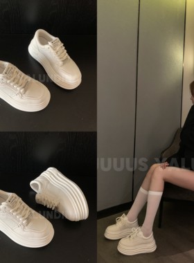 Uuuus【纯欲小白花】新款韩版厚底松糕休闲系带真皮小白鞋板鞋女