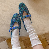 Uuuus 女平底芭蕾鞋 蓝色传说 真皮复古编织一字扣带玛丽珍单鞋