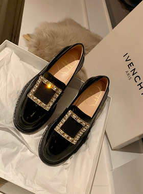 Uuuus【海德公园】复古闪钻乐福鞋金属方扣圆头厚底一脚蹬小皮鞋