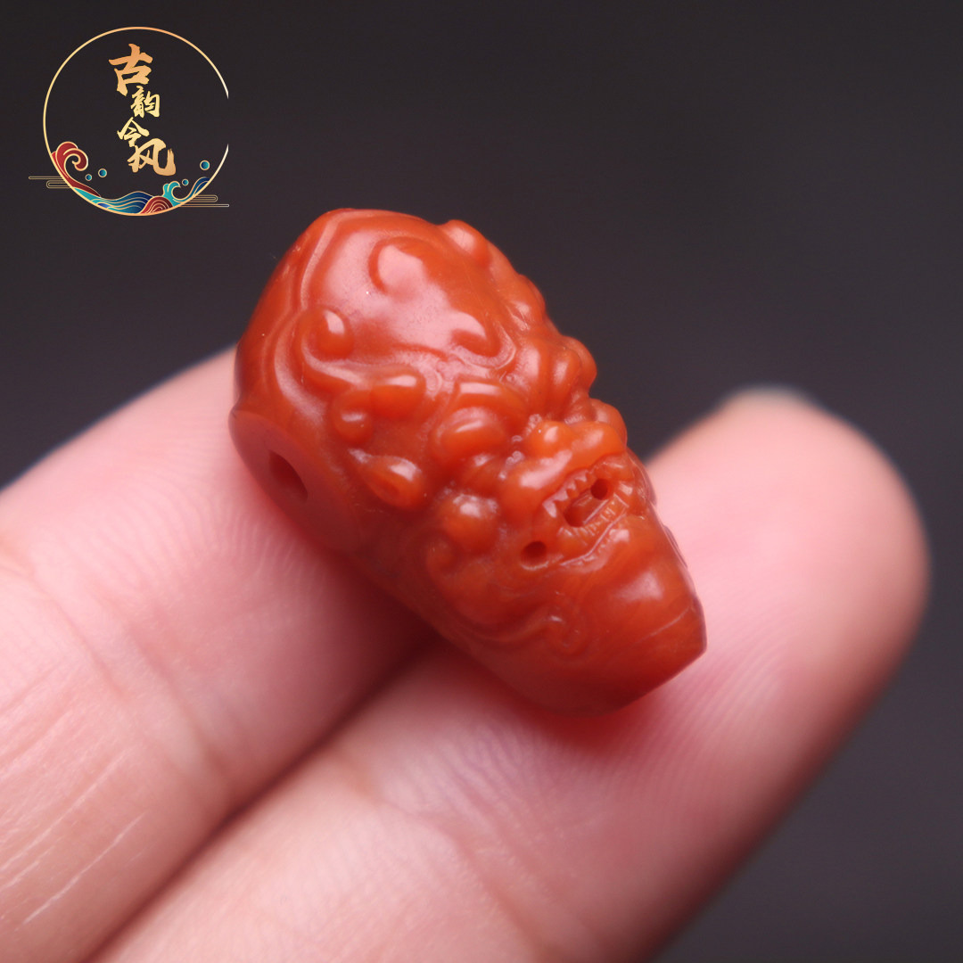 南红玛瑙般若兽面三通佛头配饰