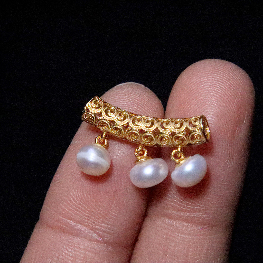 纯银925银镀金镂空镶嵌珍珠竹节弯管手工串珠手链编绳diy文玩配饰