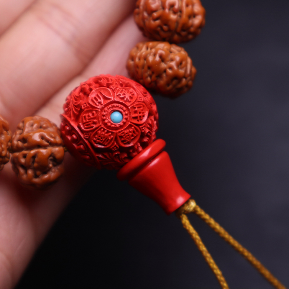 朱砂散珠天然保真六字真言镶嵌花珠三通佛头纯帝王砂手串配饰配件