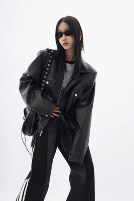 宽松美式垫肩高街皮夹克