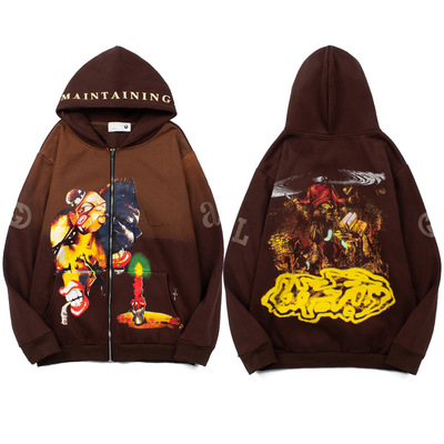 欧美高街嘻哈复古做旧泥染cactus Jack油画印花拉链连帽卫衣帽衫