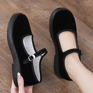 老北京布鞋女夏季宽头透气软底防滑黑色酒店上班工作鞋妈妈平绒鞋