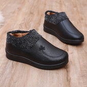 冬季 加绒加厚保暖防滑软底一脚蹬中老年人妈妈棉靴 皮面防水女棉鞋