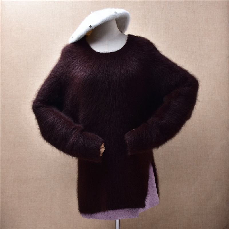 中长款气质粗砂条纹深棕色圆领开衩ins长毛貂绒宽松慵懒外套女343