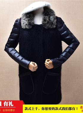 冬季加厚中长款ins长毛貂绒黑色毛毛领羽绒拼织修身外套毛衣女451