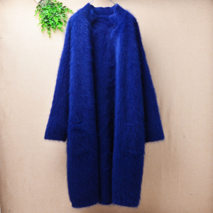 ins貂绒长款披风深蓝色毛衣新品