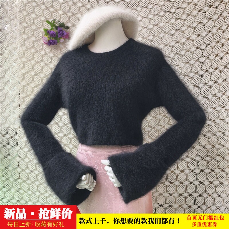 2026春秋超短款时尚优雅风黑色圆领chic马海毛韩版宽松显瘦毛衣女
