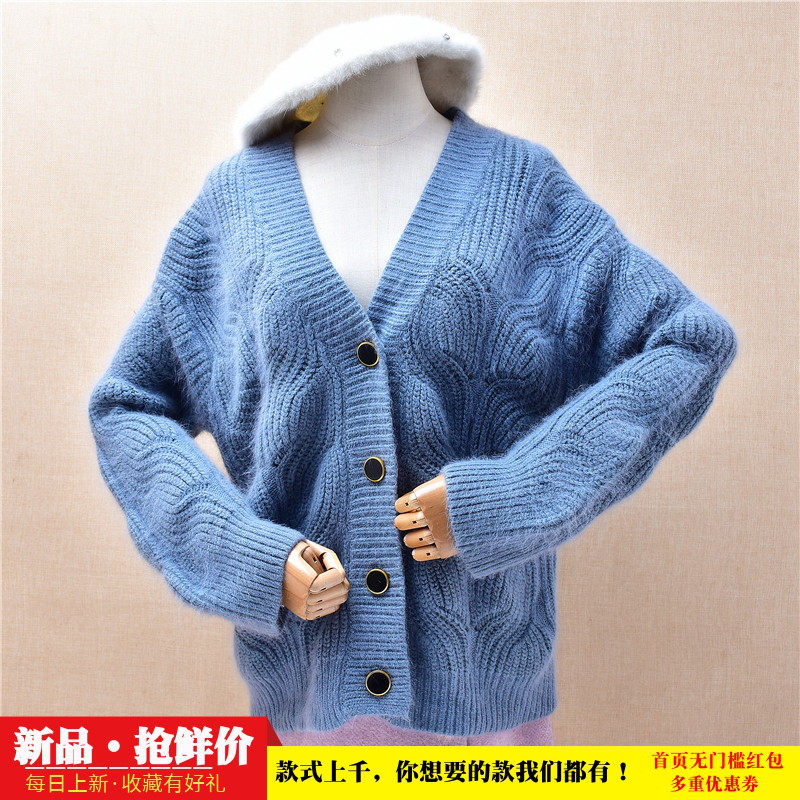秋冬加厚时尚减龄湖蓝色v领麻花波浪纹ins长毛貂绒宽松外套女546
