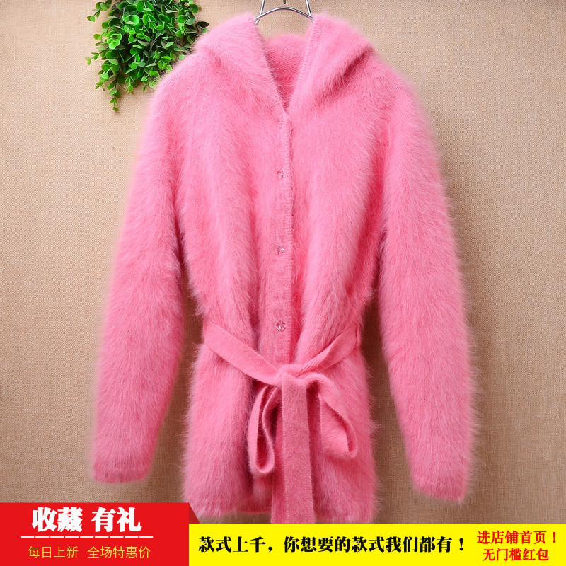 气质甜美风秋冬ins长毛貂绒粉红色连帽系带修身显瘦小码外套女506