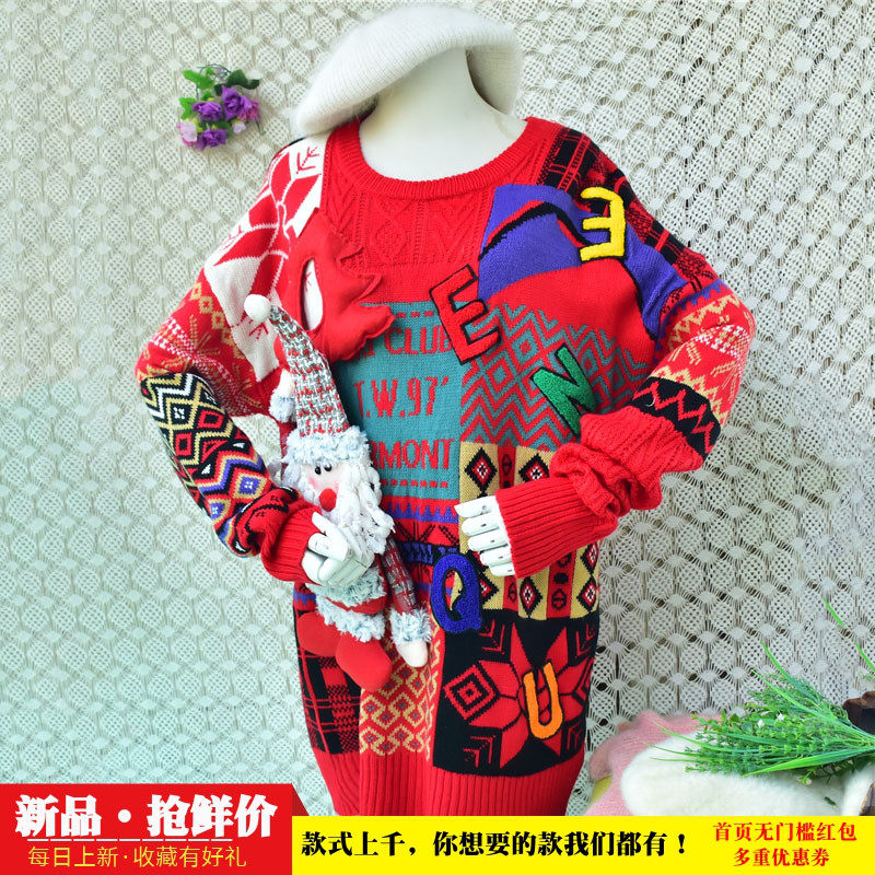 圣诞风红色拼色毛衣立体玩偶字母贴布宽松中长款慵懒套头针织衫7