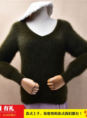 粗砂条纹秋冬款ins长毛貂绒军绿色v领修身显瘦小码套头毛衣女245