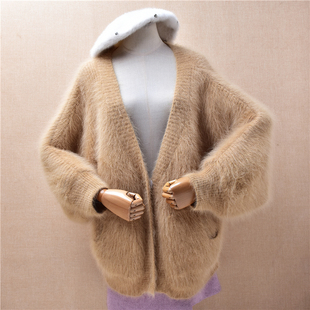 宽松慵懒外套女299 ins长毛貂绒韩版 冬季 粗砂条纹卡其色v领蝙蝠袖