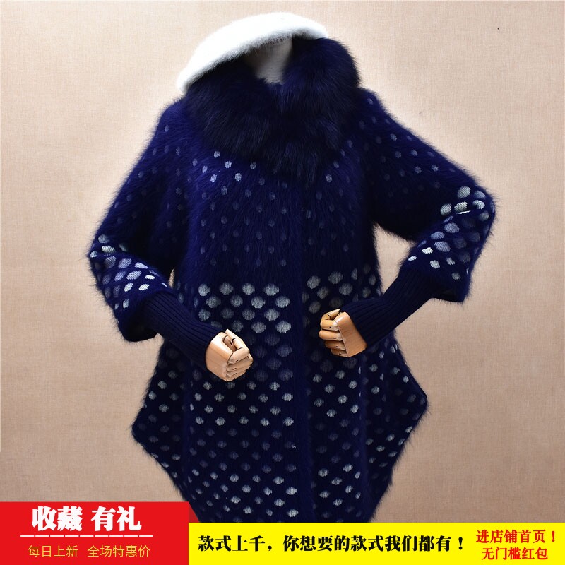 冬季加厚中长款ins长毛貂绒深蓝色波点毛毛领韩版宽松外套毛衣408